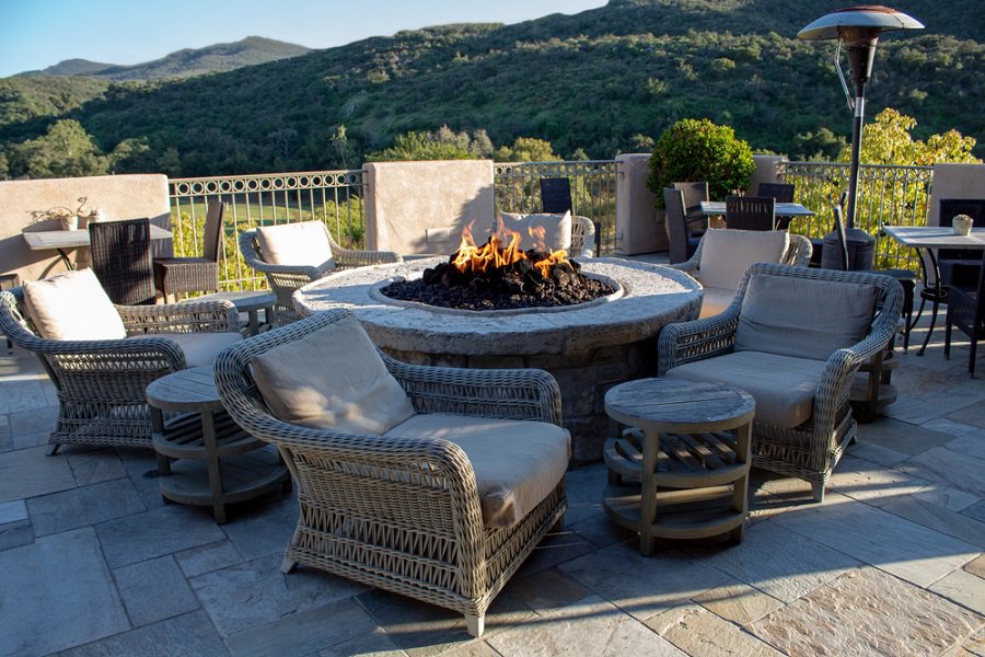 Round stone patio with fire pit