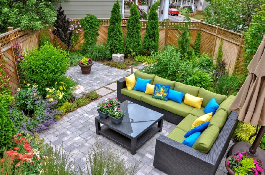 Flagstone patio with wicker furniture 