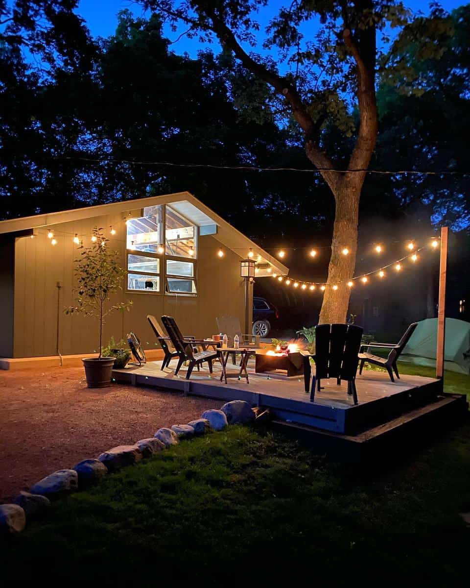 Wooden terrace with fairy lights