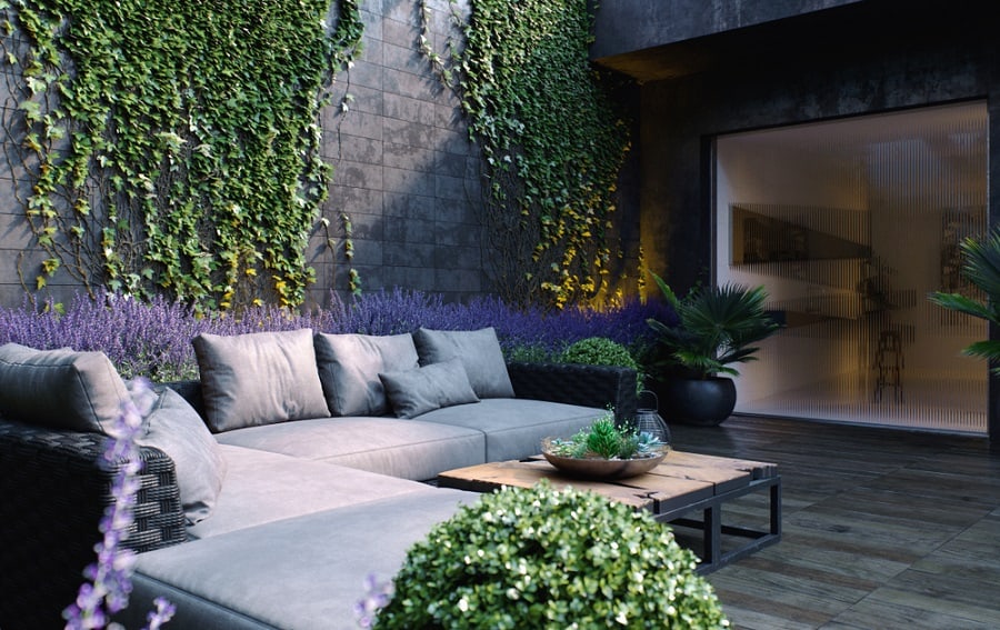 Modern outdoor terrace with vertical wall garden
