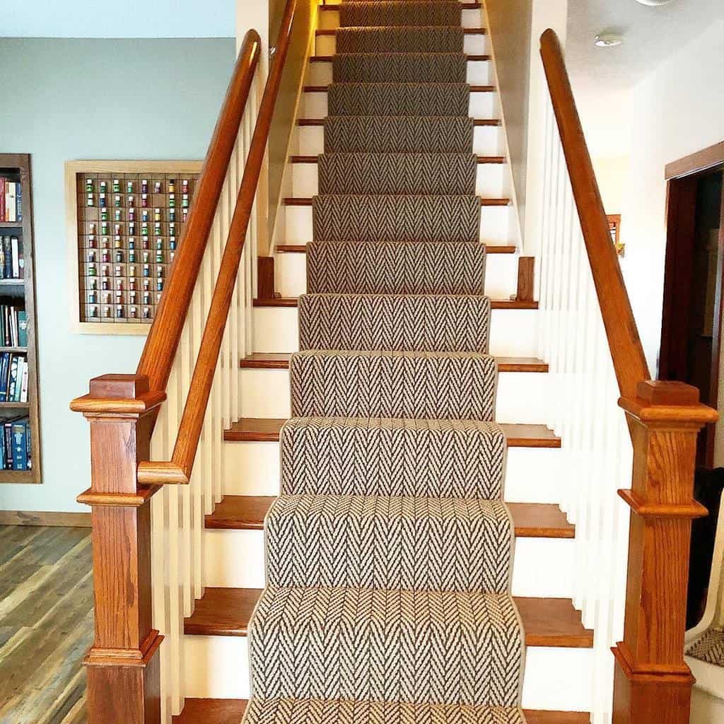 Patterned stair runner, traditional wooden stairs 