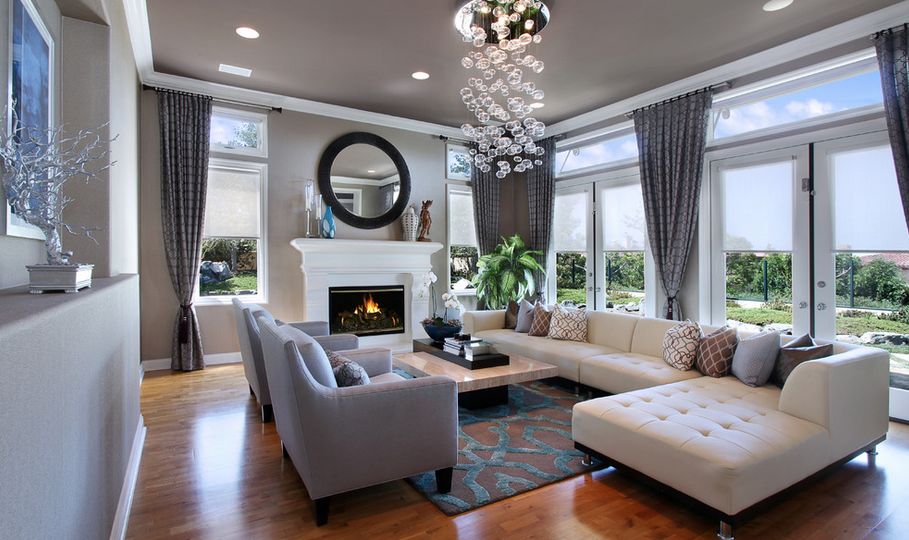 Modern living room residence with white fireplace
