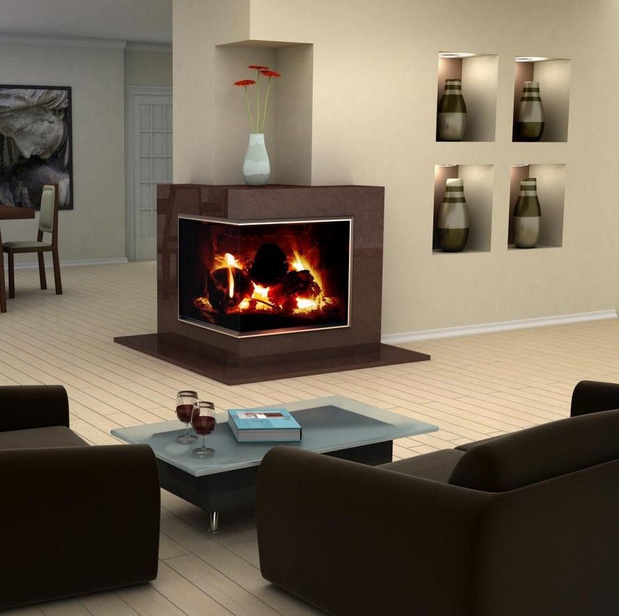 Modern interior design with corner fireplace