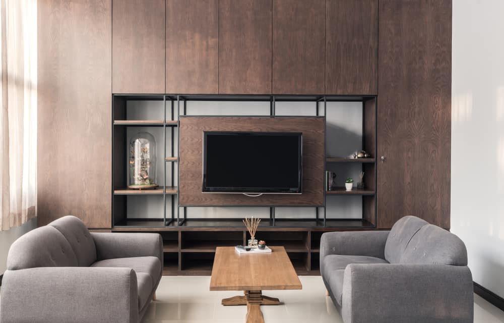 Wooden shelf, living room, mounted television
