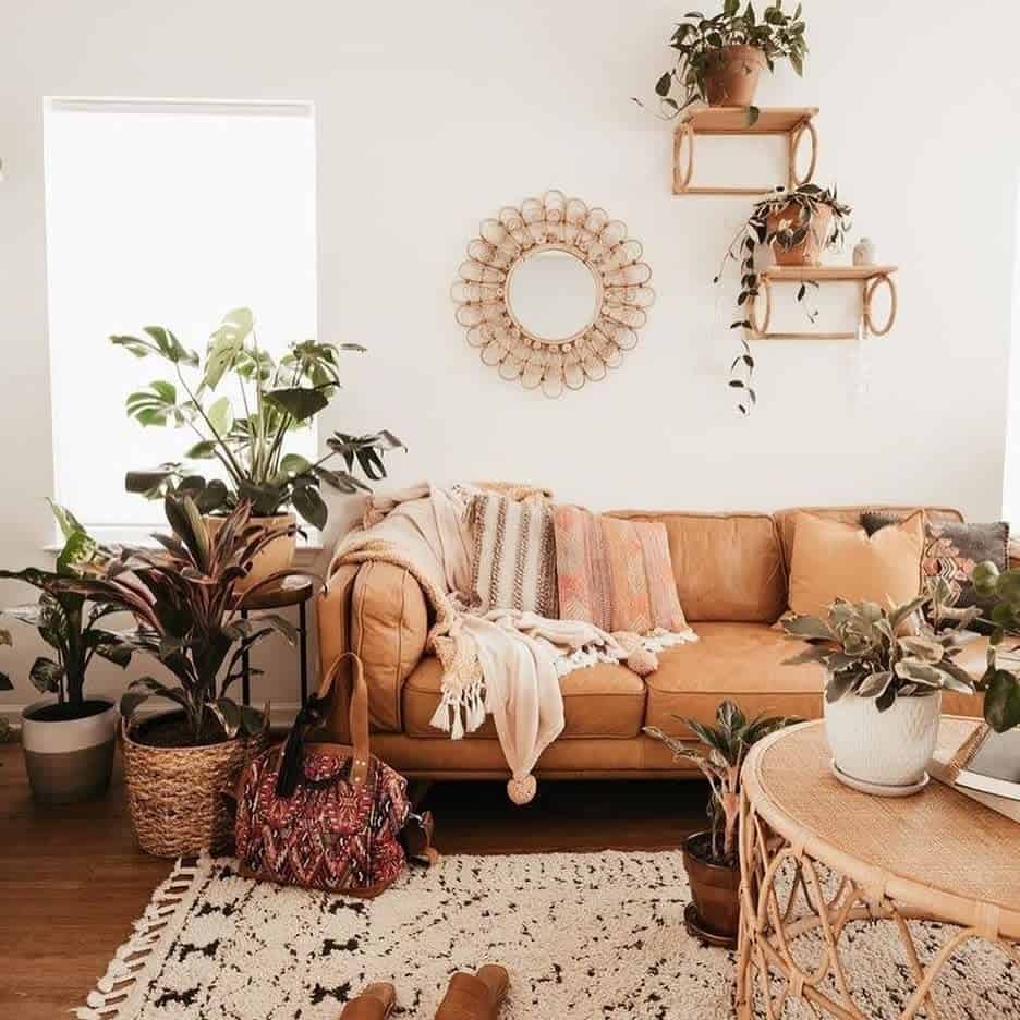 Modern Brown Boho Living Room Plant Couch Throw Rug
