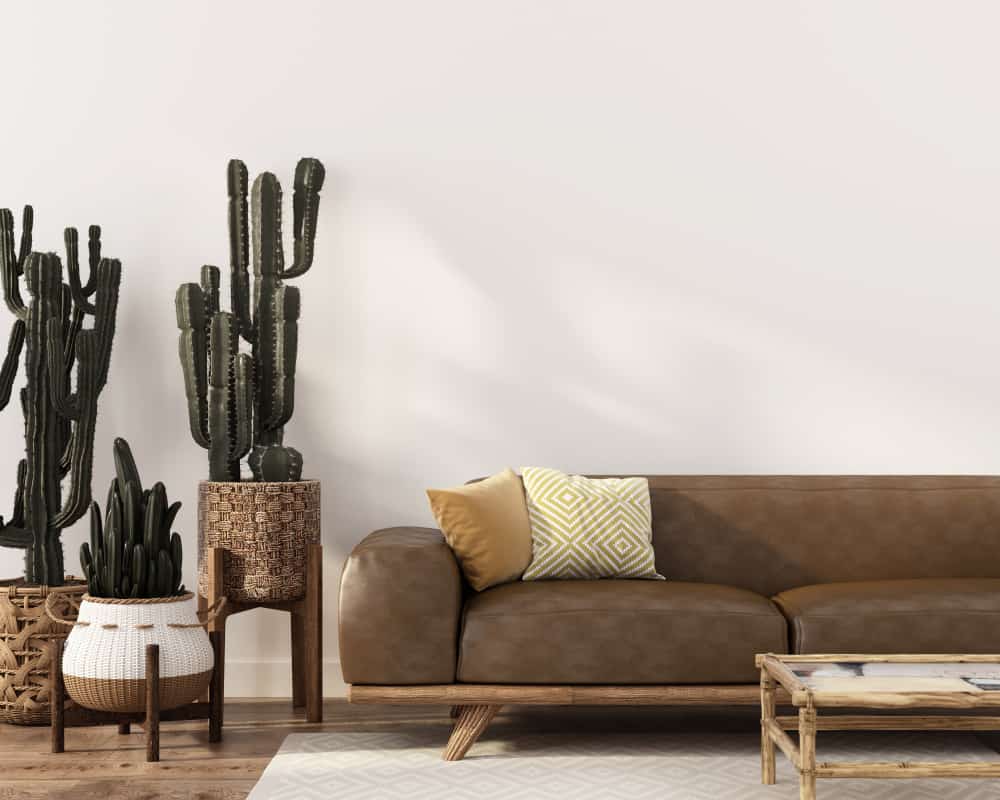 Boho style living room couch with cactus brown