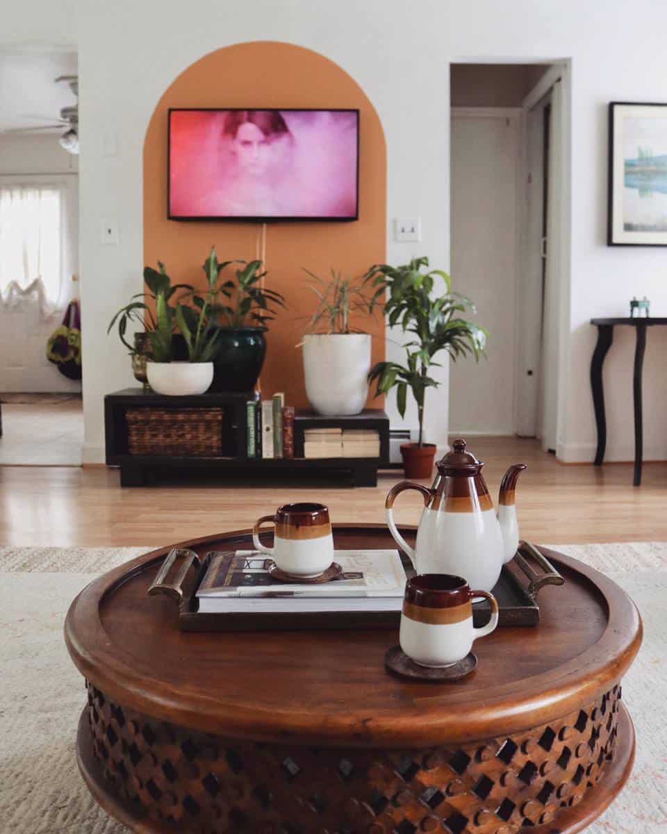 Boho living room wall TV potted plant teapot