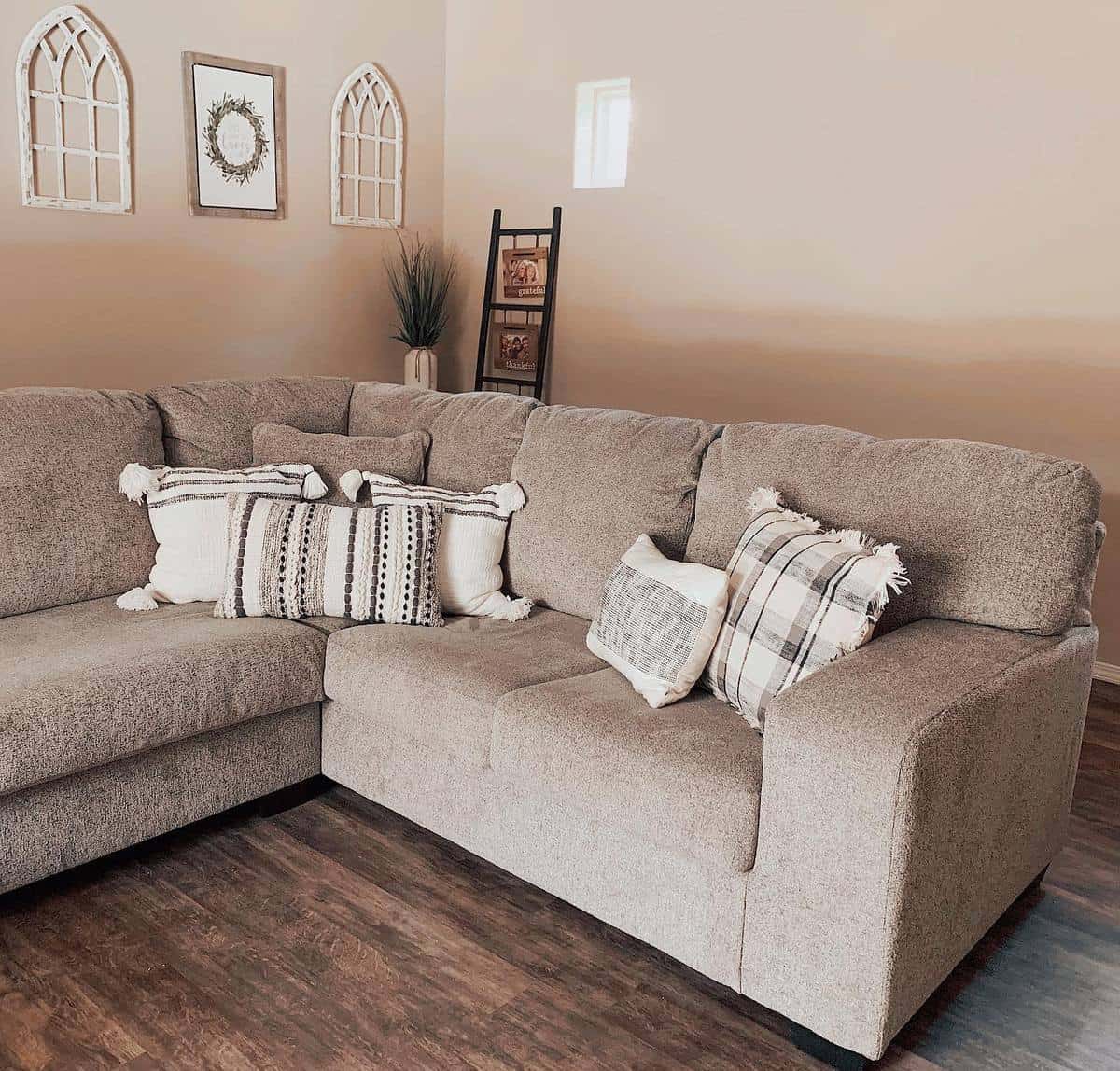Neutral brown gray living room sofa