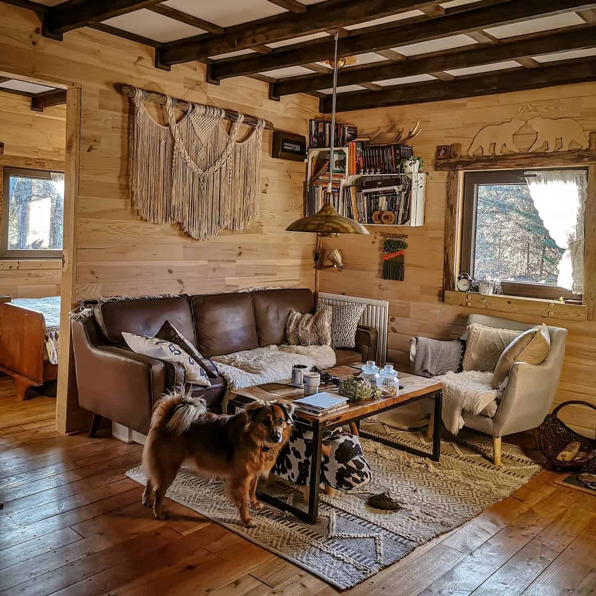 Wooden hut, small living room, brown sofa, dog
