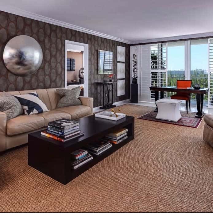 modern living room, brown wallpaper, carpet, desk, couch