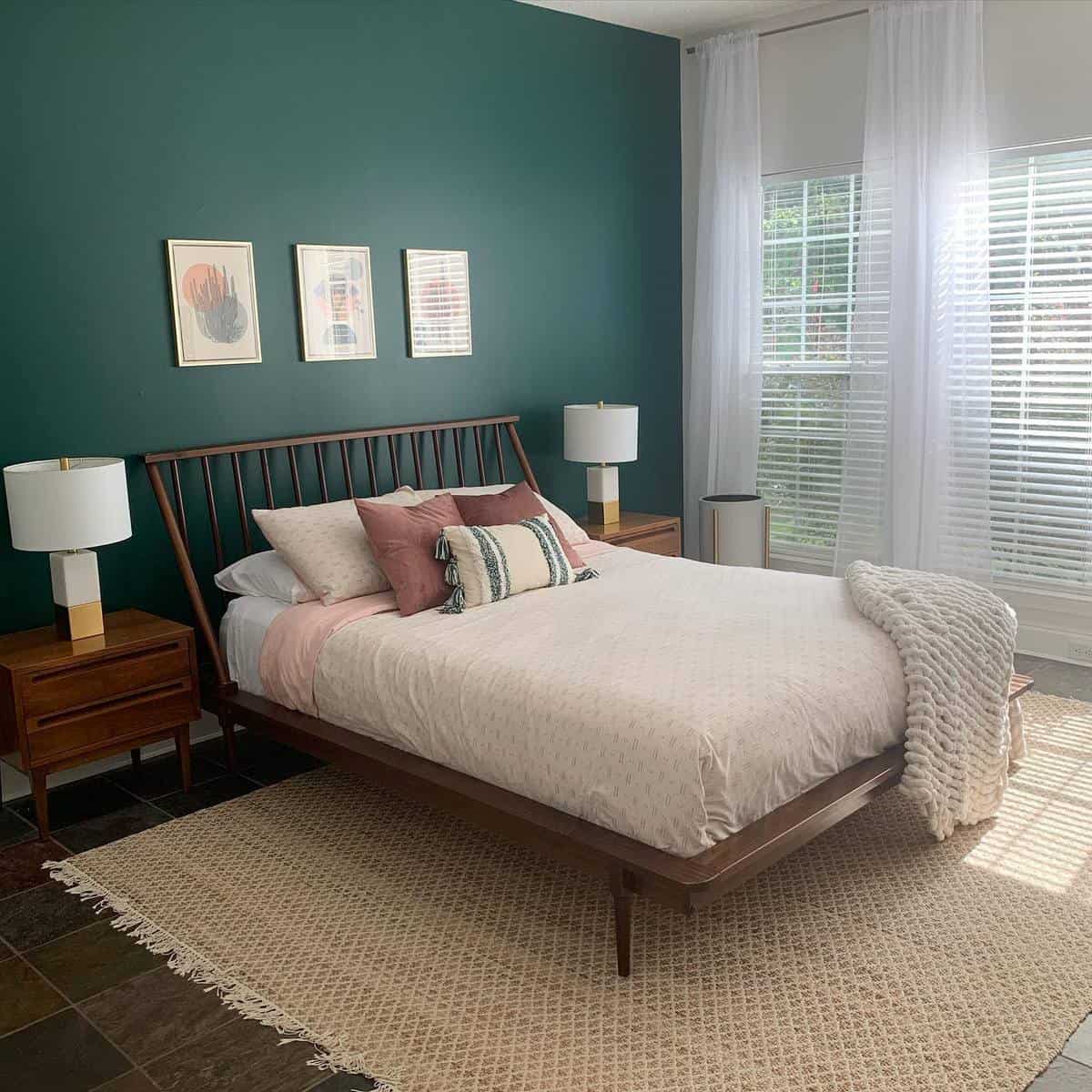 Green slate tile tapestry, wooden bed frame, framed wall art