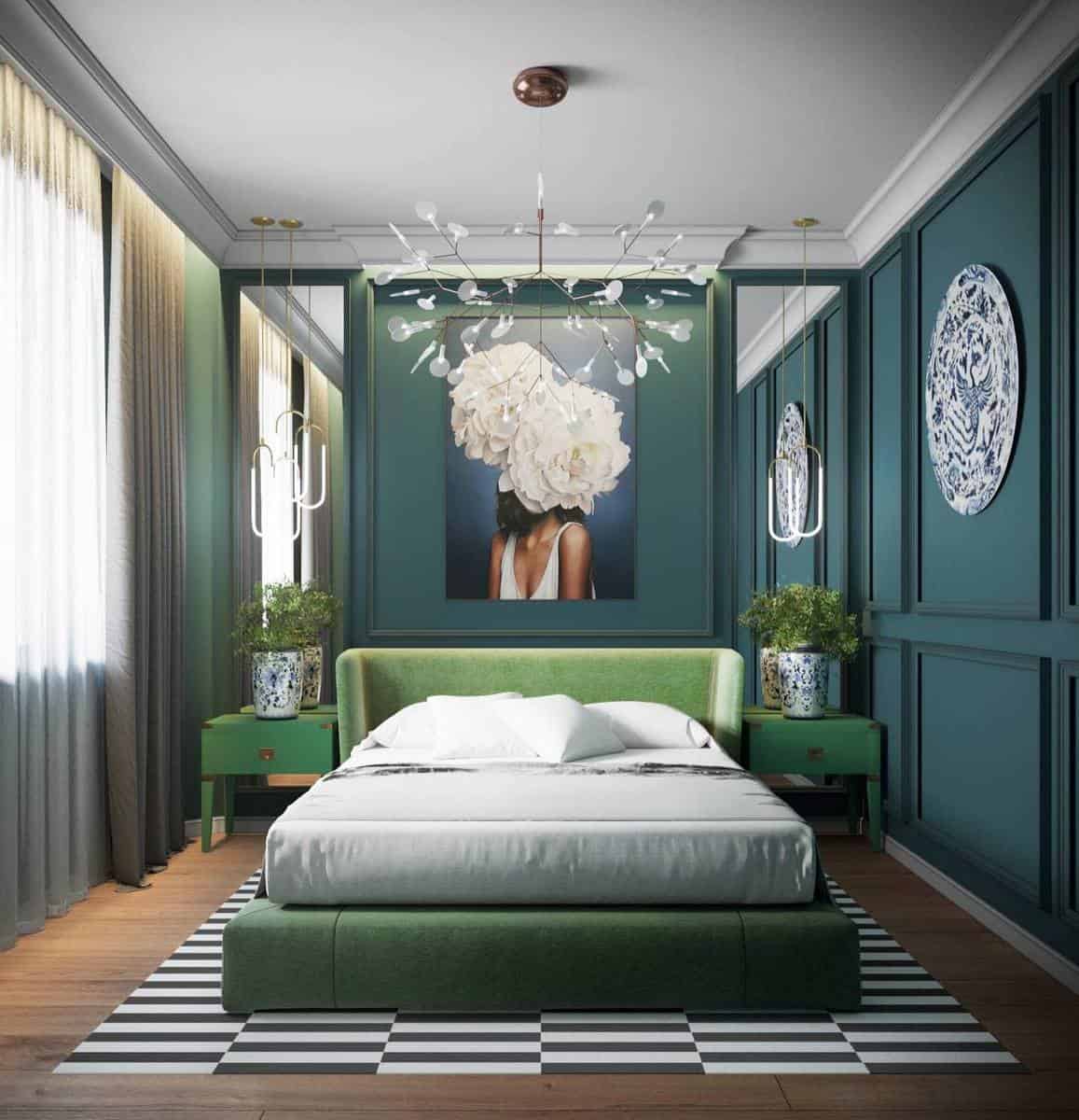 Luxury Textured Green Wall Platform Bed Porcelain Vases 