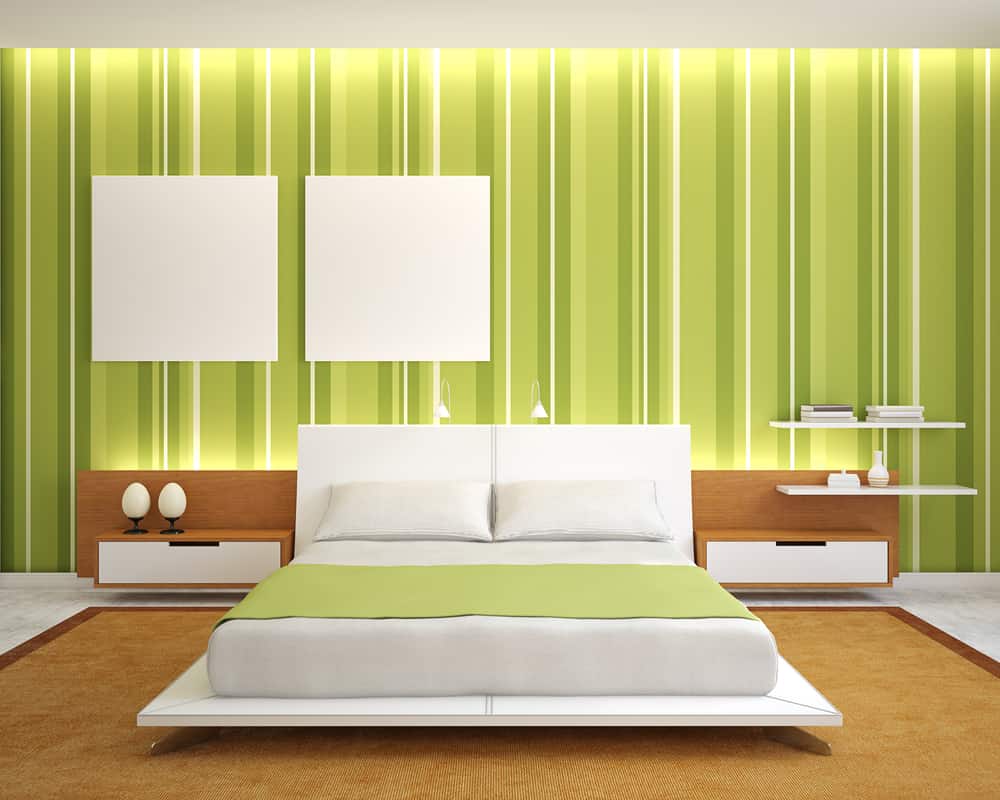 Striped Green White Accent Wall Vintage Bedroom Platform Bed