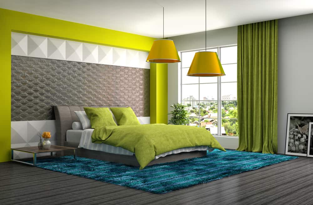Lime green bedroom curtains, bedspread and border, blue floor carpet