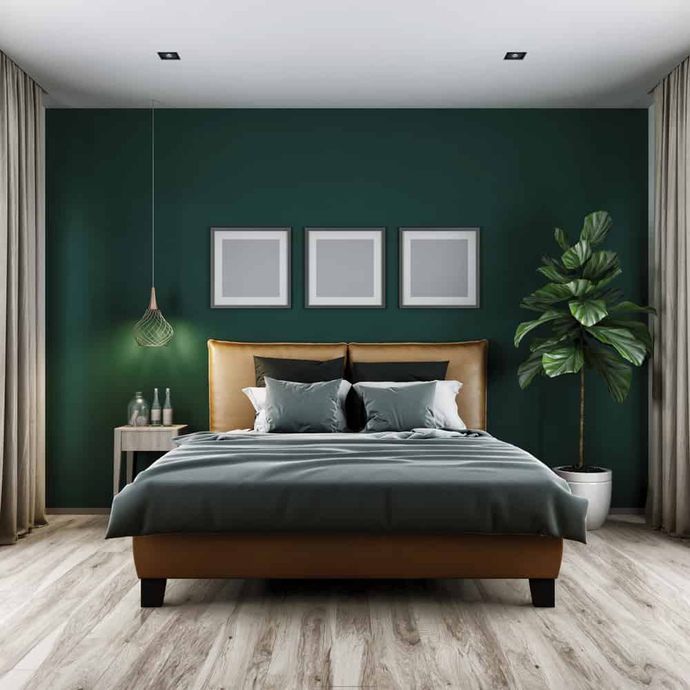 Green Accent Wall Modern Bedroom Pendant Light Framed Wall Art Potted Plant