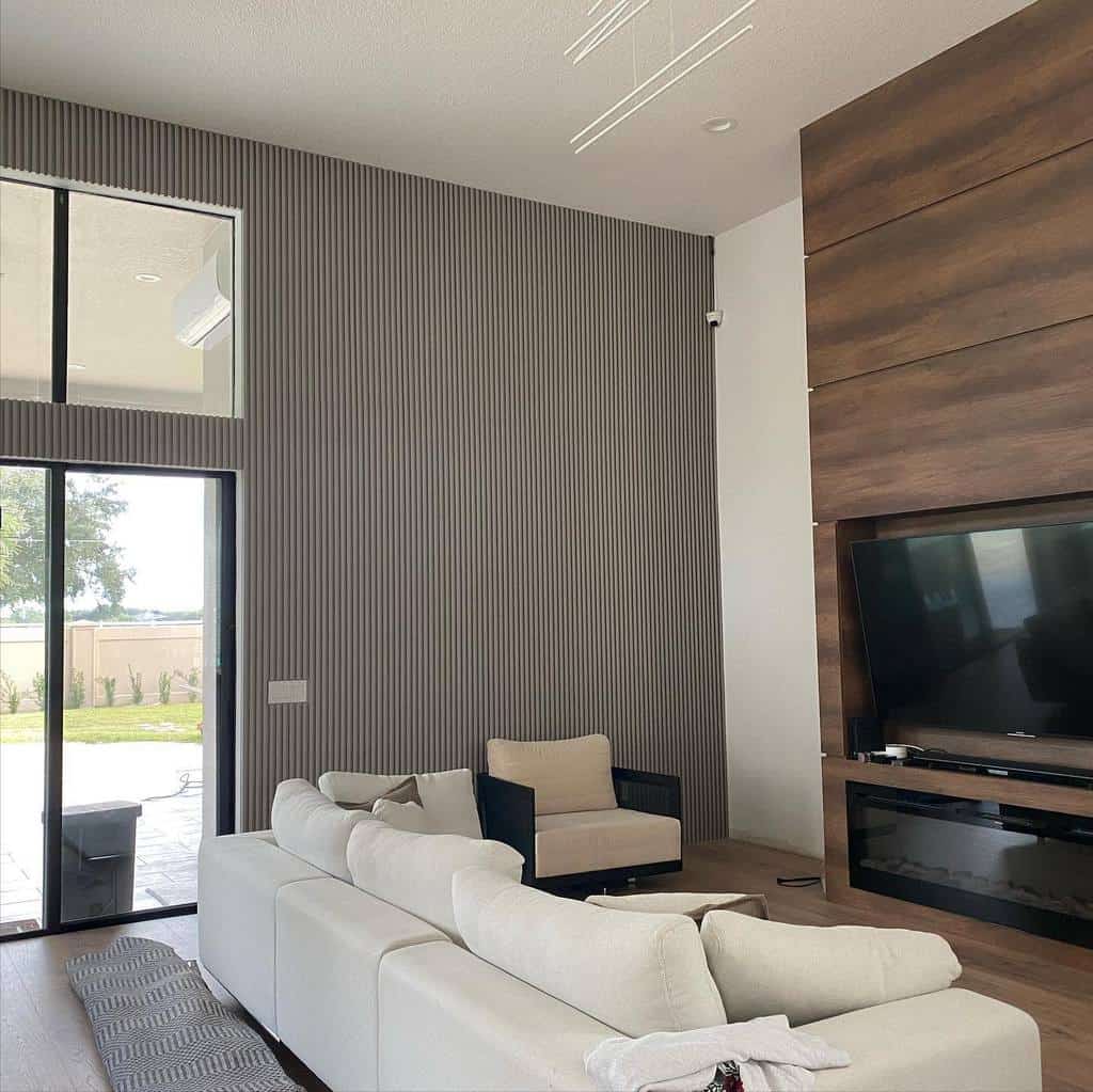 Wooden wall paneling, modern living room, white sofa 