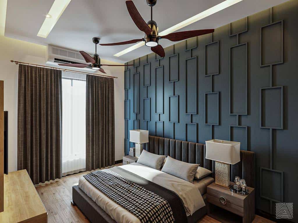 Bedroom with gray textured wall paneling