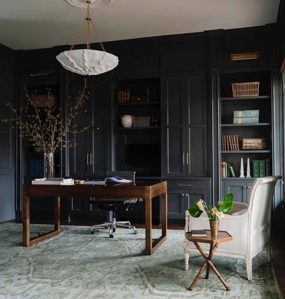 Luxurious office with dark wood wall paneling 