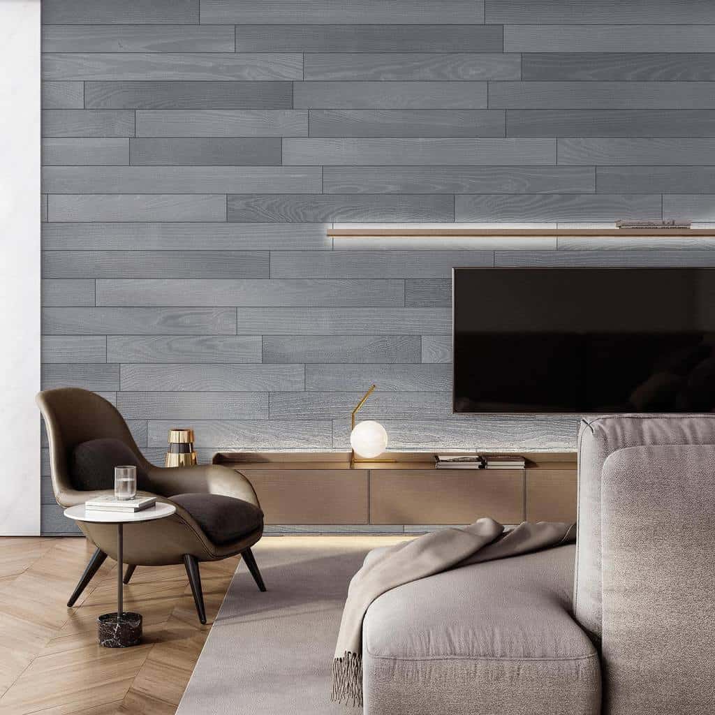 Gray wood wall paneling, modern living room 
