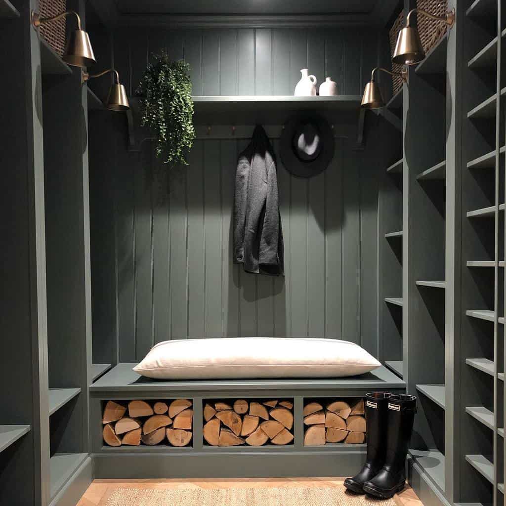Green walk-in closet with recessed shelves 