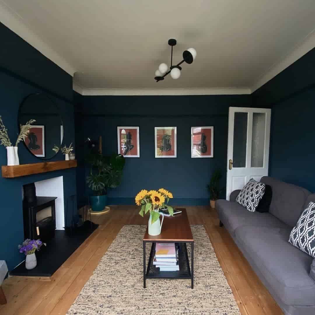 Blue wall, living room, gray sofa