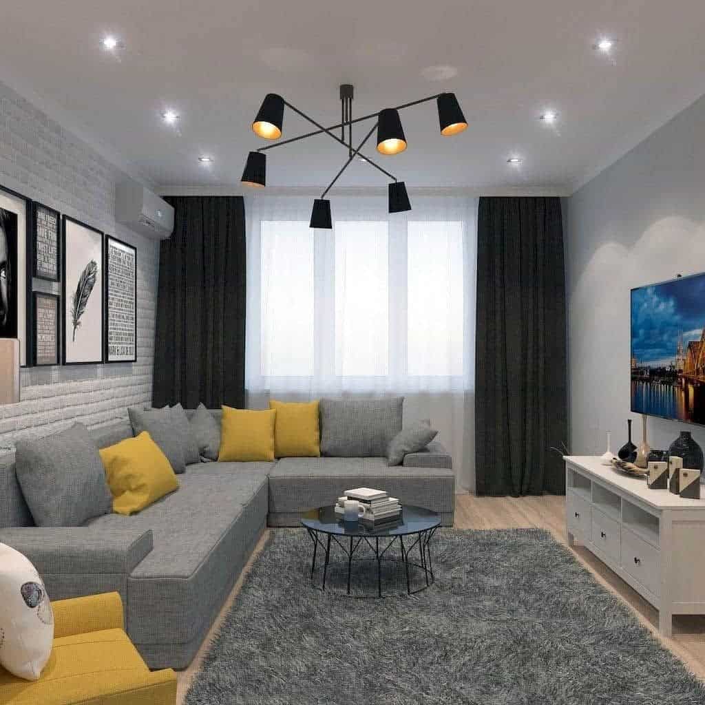 Modern, gray L-shaped living room sofa