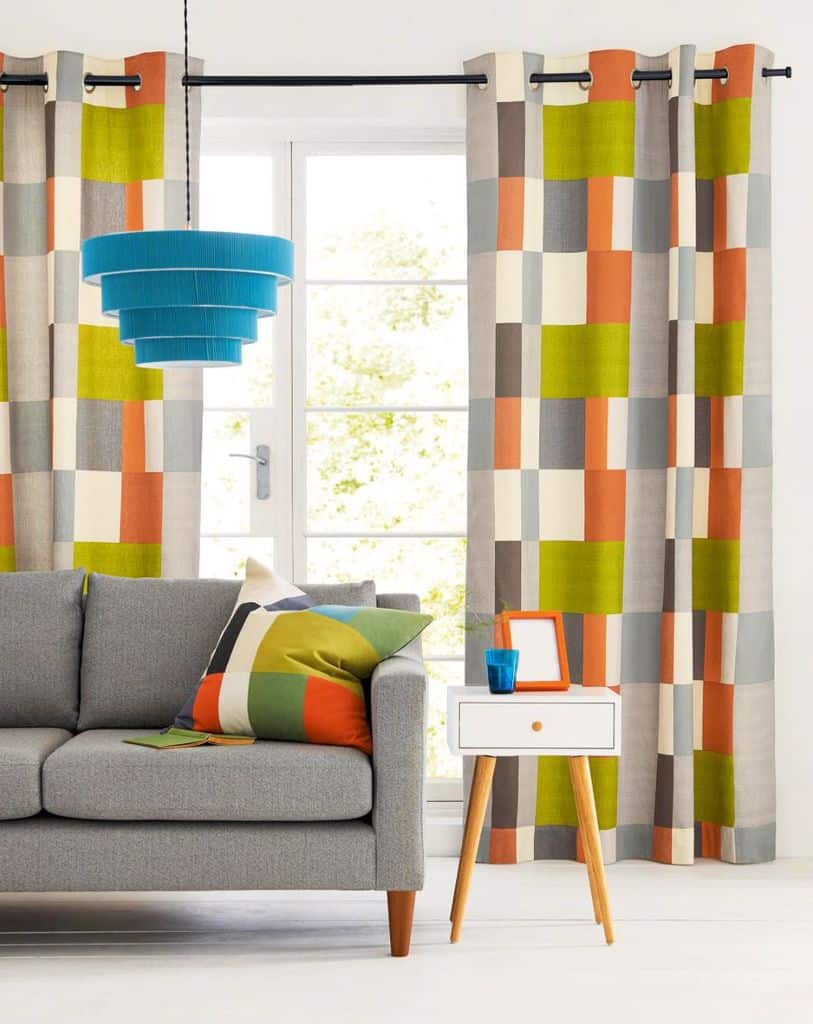 Living room curtains with a colorful pattern 
