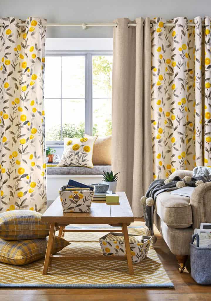 Living room curtains with yellow floral print