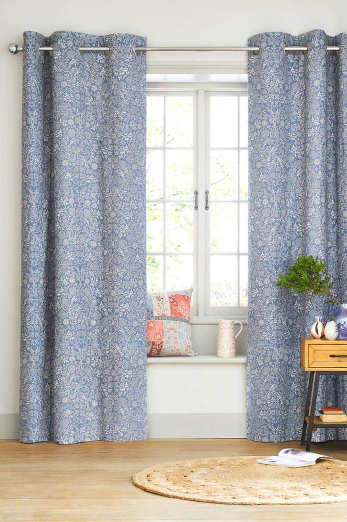 Blue printed floral curtains for bay windows 
