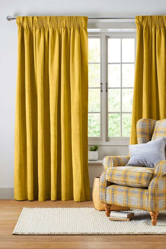 Bold yellow curtains in the living room 