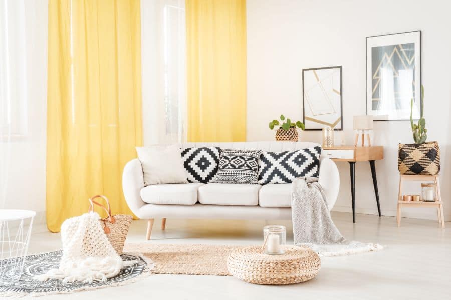 yellow curtains, white sofa, modern living room 