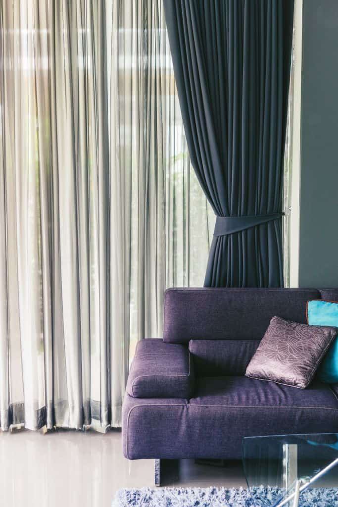 Navy blue curtains in the living room
