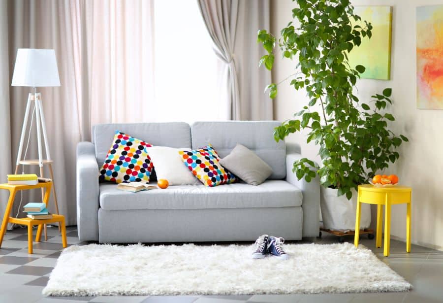 cozy living room with gray sofa 