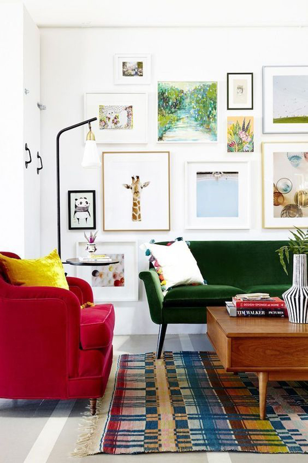 Eclectic living room with sofas in bold colors