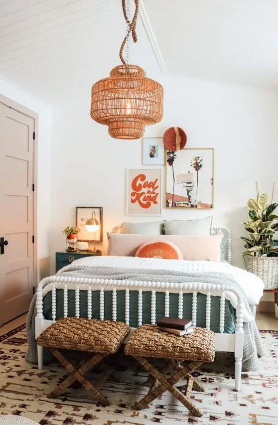 A bright and fun midcentury-style teen room with a white bed and pastel linens, wicker stools, a wicker pendant lamp and artwork