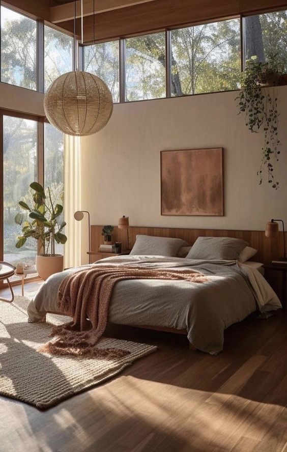 a light-filled, earthy bedroom with windows and a glazed wall, a bed with neutral linens, bedside tables with lamps and green plants