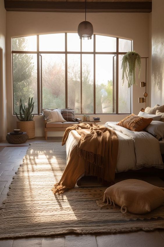 a light-filled, earthy boho bedroom with a bed with rust linens and a large boho rug, pillows and potted plants