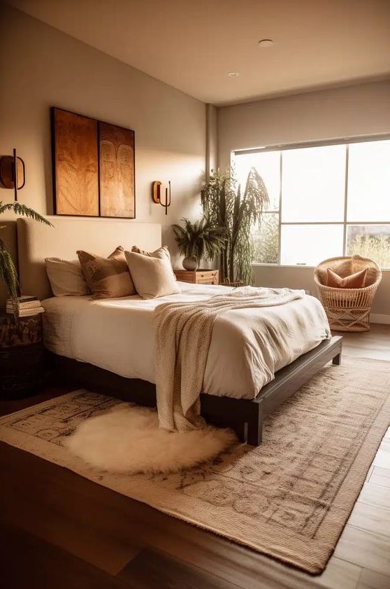 a beautiful bedroom in earth tones, with a dark stained bed and neutral linens, a rattan chair, some bedside tables and potted plants