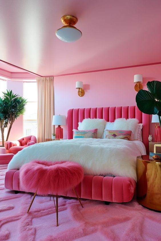 A modern, particularly bright pink teenage girl's room, with a pink upholstered bed, a pink stool, neutral and pink textiles and potted plants