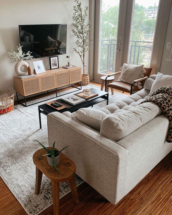 a neutral, modern living room with a cane TV, a neutral sofa, a leather armchair, a black coffee table and some plants