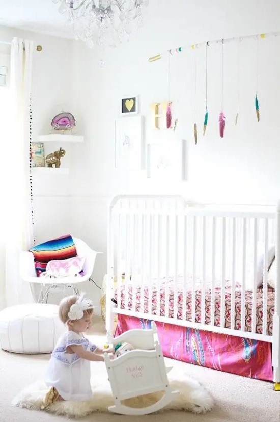 A neutral children's room with bold colors, modern white furniture, colorful textiles and toys is a pretty and loving space for children