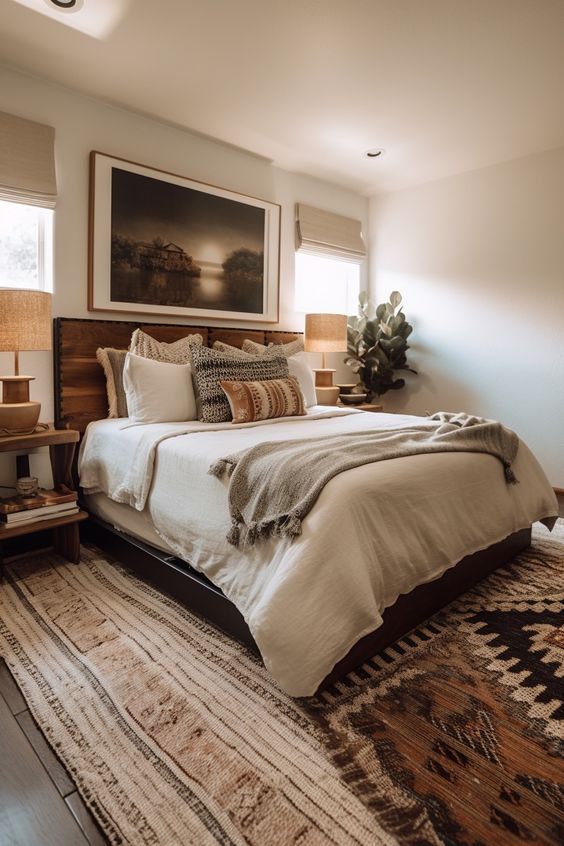 A pretty, earthy boho bedroom with a stained bed and neutral linens, nightstands with lamps, a piece of art and cool boho rugs