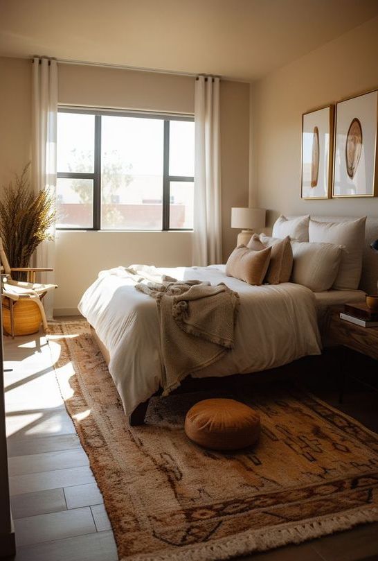 an earthy bedroom with tan walls and ceiling, a bed with neutral linens, a printed rug and chair, and some artwork