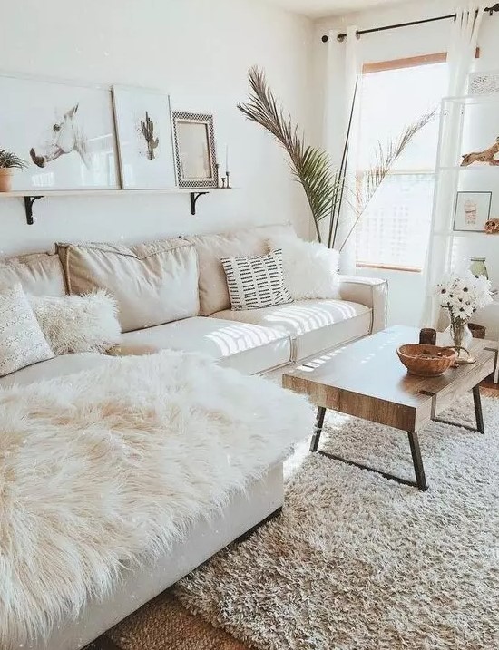 an inviting living room with a white sofa, a low coffee table, a gallery wall and an eye-catching potted plant