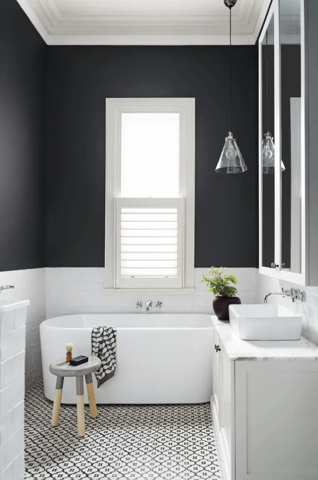 Patterned black and white tiles on the floor are a great addition to this medium sized bathroom