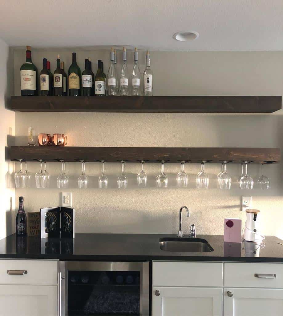 mounted liquor shelves in the kitchen bar