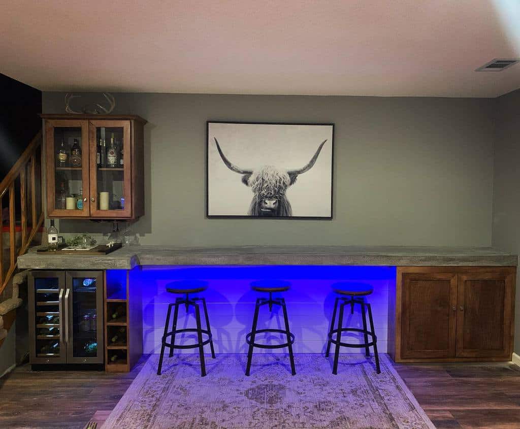 Modern bar spirit stools with hallway lighting