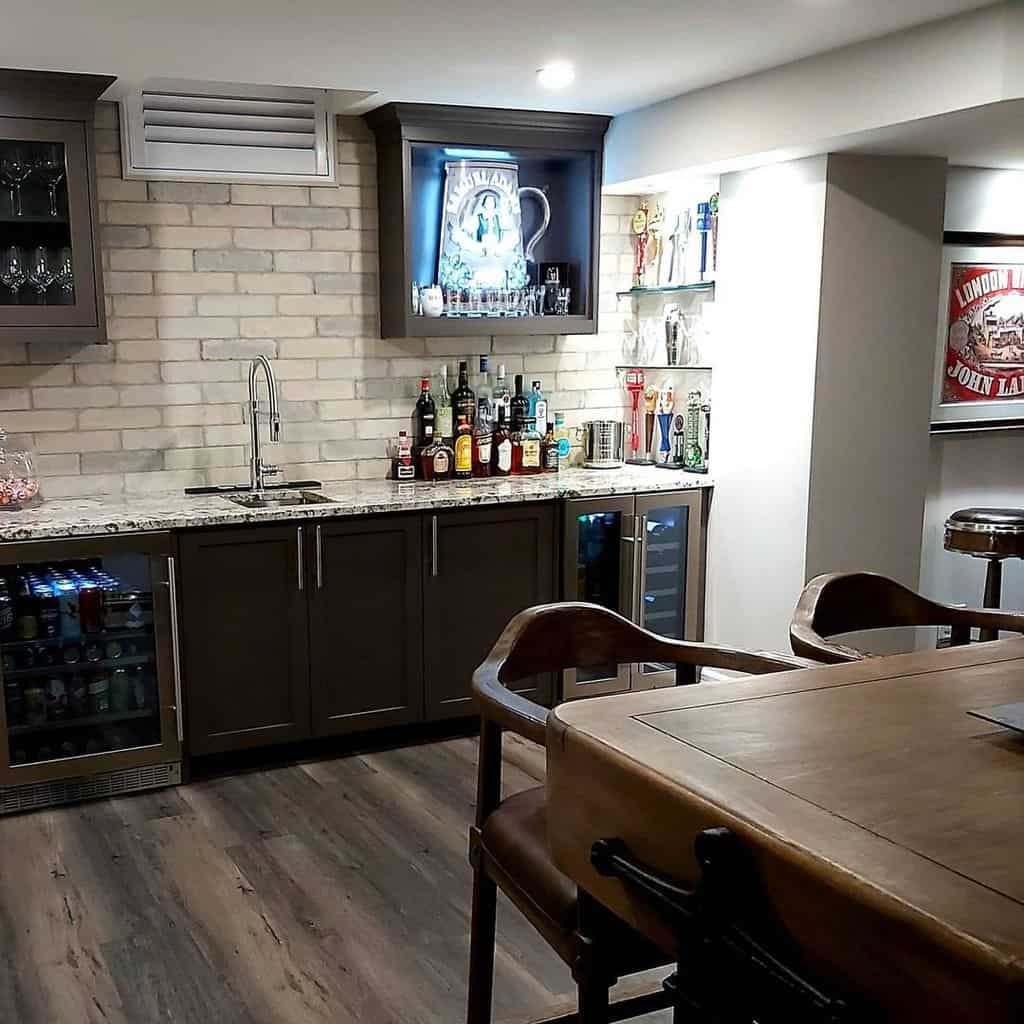 Wooden liquor cabinet, wet bar, white brick wall