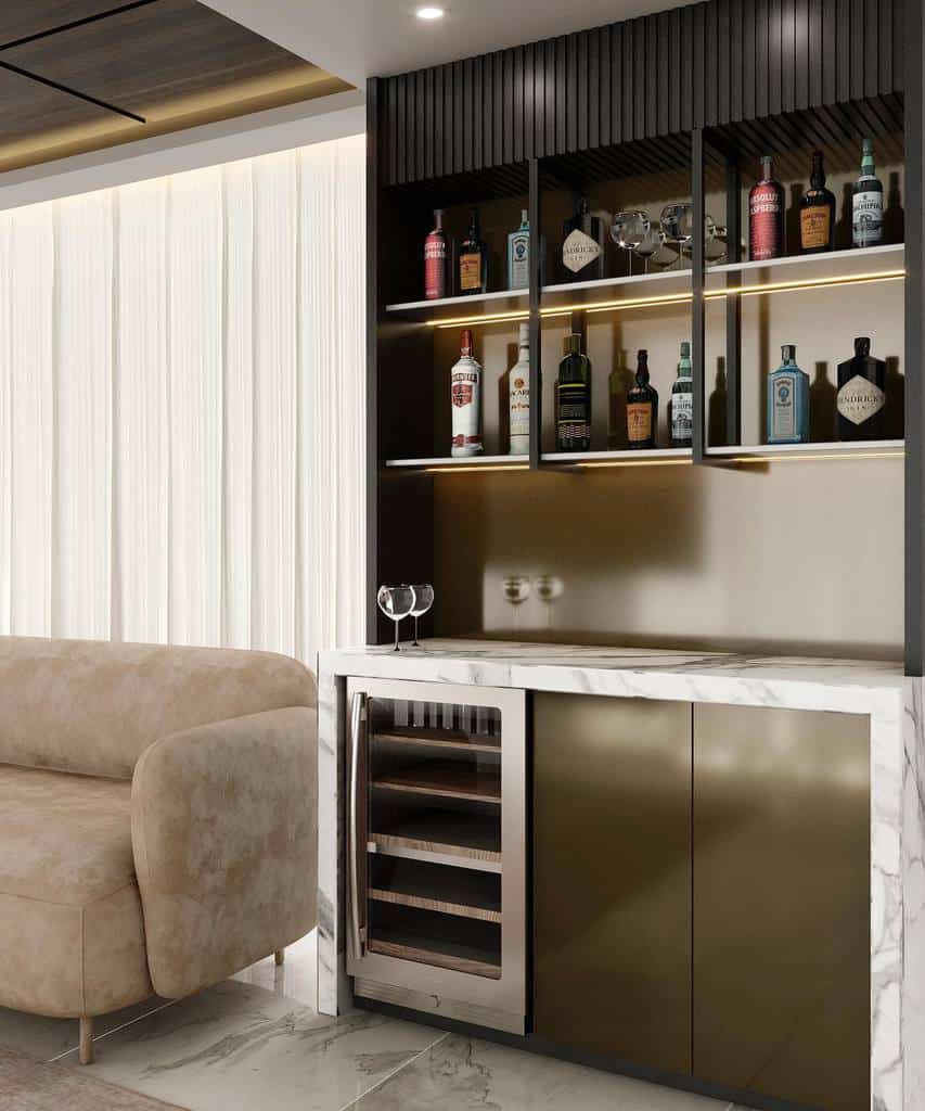 Chic little liquor cabinet with marble countertop