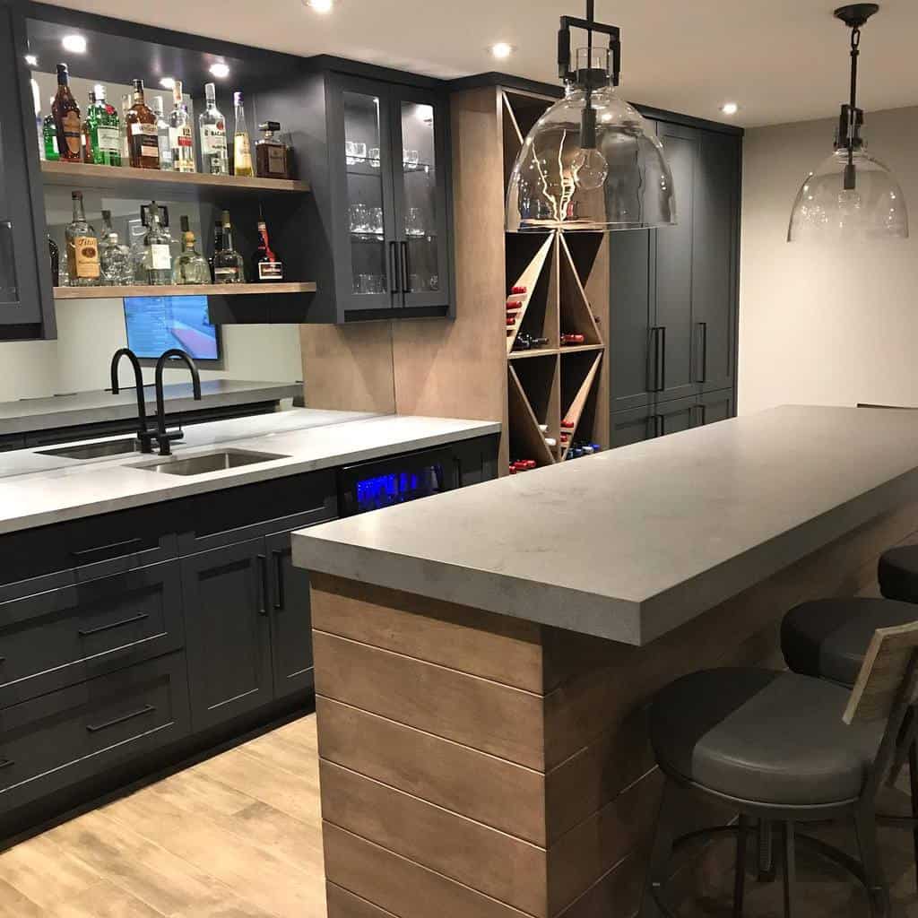Gray wall-mounted liquor cabinet with wet bar